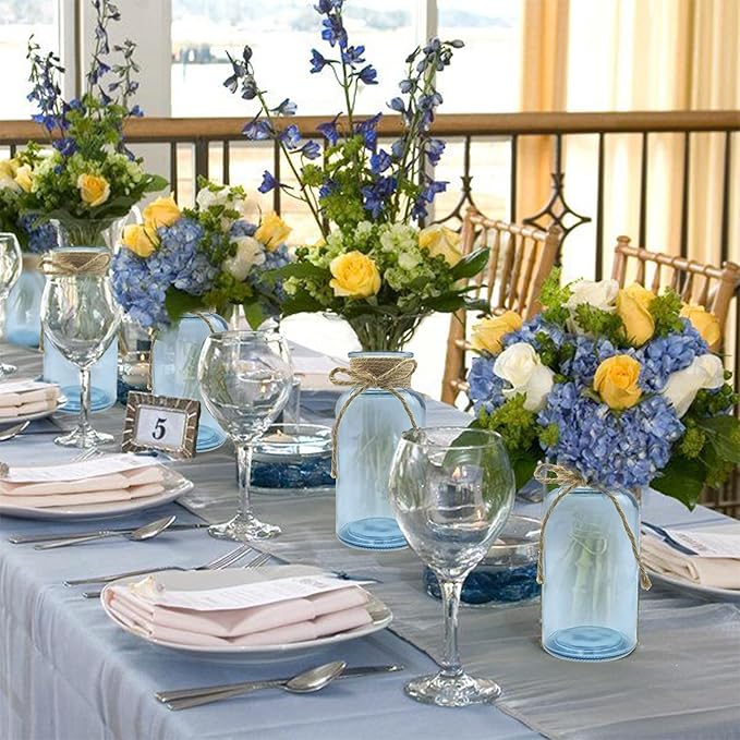 Vintage Glass Flower Vase，6 Pack Blue Farmhouse Glass Centerpiece Vases Mason Jars for Weddings, Parties & Home Decor Bulk (6, Blue)