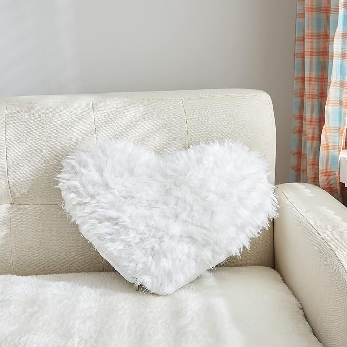 MOOWOO Fluffy Heart Throw Pillow with Pillow Cover and Insert, Shaggy Faux Fur,Valentines Day Decor,Christmas Decorations, Love Pillow (White, Heart Shape-15.7X15.7Inches)