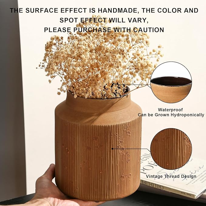 Farmhouse Vase for Home Decor, Vintage Rustic Terracotta Flower Vase Suitable for Home Decor, Living Room, Shelf, Dining Table. 7IN. Ochre