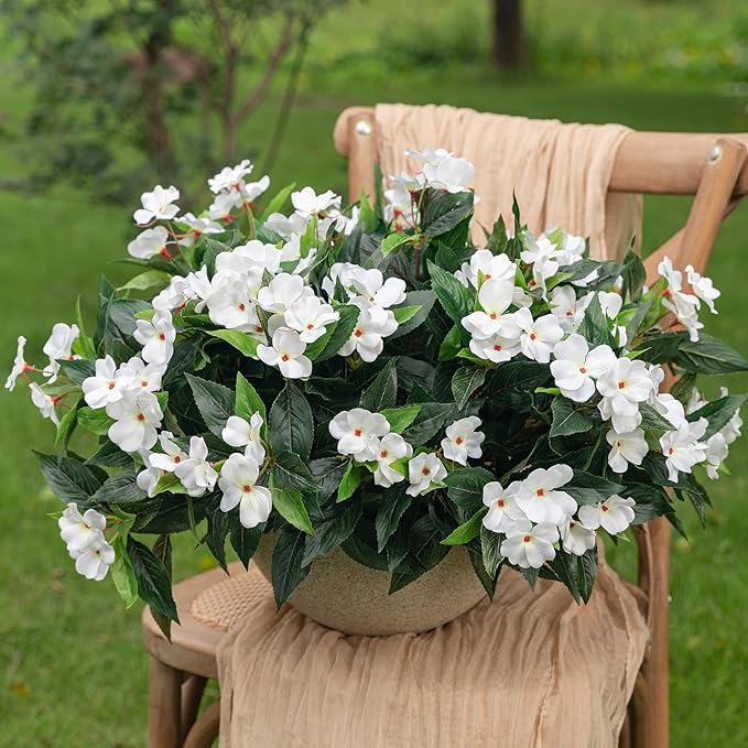 Uqueeten15.7” Fall Decorations for Home Fake Fall Flowers Fake Plants Artificial Impatiens Bouquet Flowers for Outdoors Silk Faux Flowers Impatiens Plants Decor Indoor Planters 8PCS (White) 8pcs