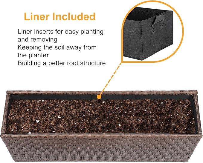 SUNNYPARK Set of 2 Large Rectangular Planter with Removable Liner, All-Weather PE Rattan Modern Planters Indoor Outdoor Flower Plant Pots Garden Box Patio Yard Front Porch Deck