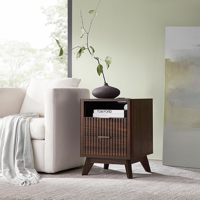 T4TREAM Fluted Nightstand Set of 2 with Charging Station, 18" Modern Side Table, 2 Drawers End Table with Storage, Bedside for Bedroom, Living Room, Curved Profile Design, Dark Walnut