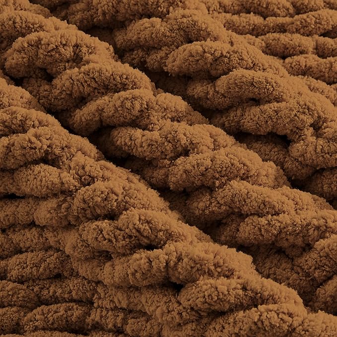Carriediosa Chunky Knit Throw Blanket 50" X 60", 100% Hand Made Large Chenille Loop Yarn Soft Fluffy Throws for Couch Sofa Bed, Big Crochet Cozy Heavy Thick Cable Woven Blanket, Light Brown