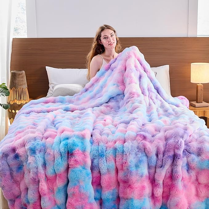 Lotus Karen Faux Fur Throw Blanket Tie-Dye Purple Rainbow - Big Bubble Rabbit Fluff Blanket for Couch, Small Fluffy Fuzzy Cozy Blanket,Thick Furry Plush Shaggy Blankets,60x80 Inches