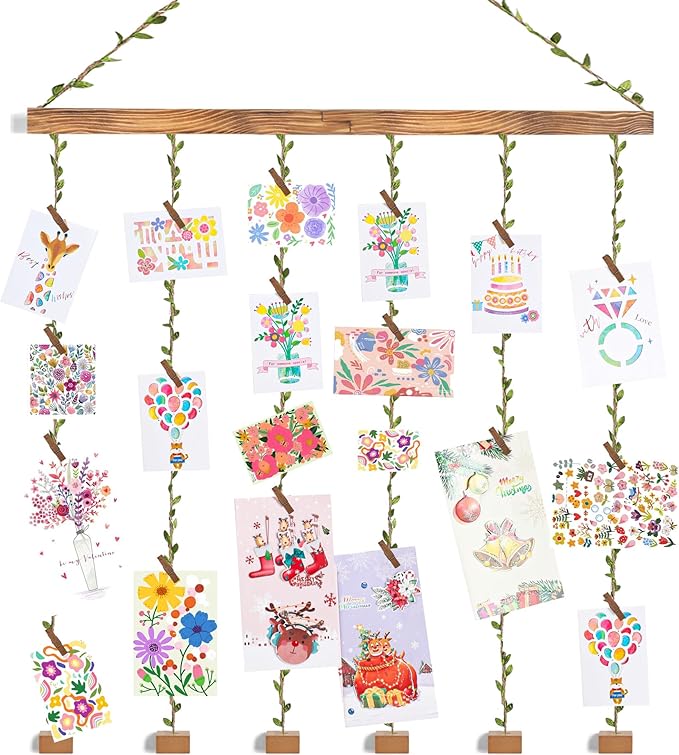 Wooden Hanging Photo Display Pictures Holders with 30 Clips,Picture Collage Frames for Wall,Suitable for Home Office Nursery Bedroom Room Dorm-Carbonized Black