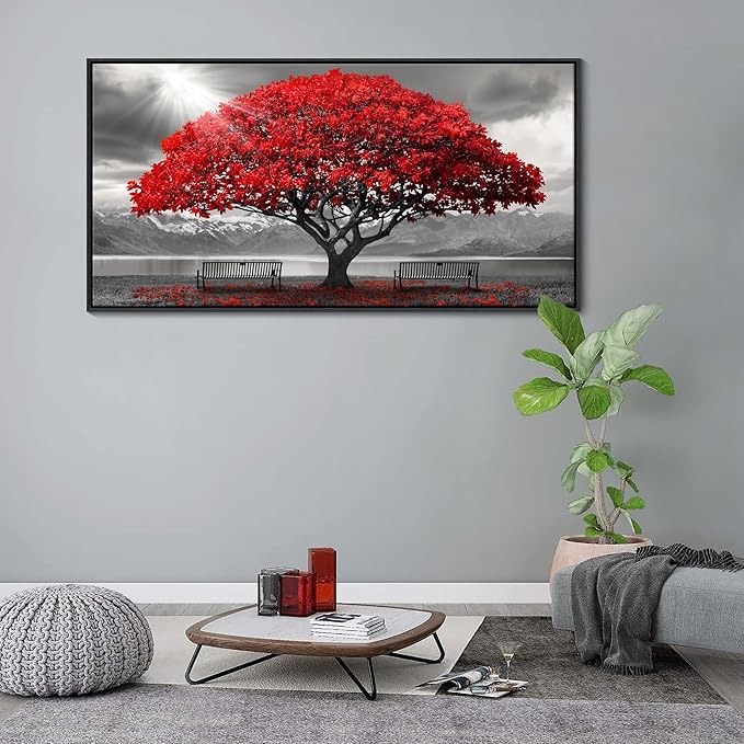 AJAZIKO Red Wall Art - Modern Framed Wall Art for Living Room - Red Tree Black and White Landscape Canvas Prints Posters & Prints for Home Office Bedroom Decorations - Large Wall Pictures 29×58IN