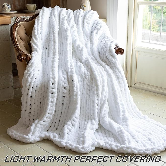 Chunky Knit Blanket - Luxury Soft Cozy 50 * 60 Throw Blanket,100% Woven Blanket Rope Knot Throw Blanket for Couch, Sofa, Home Decor, Gift - Machine Washable（White）