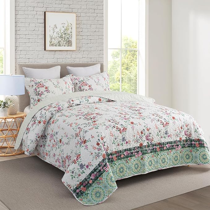 Travan 3-Piece Quilt Set Quilted Bedspread Lightweight Coverlet Set Garden Style Floral Printed Oversized Quilted Bedding Set with Shams for All Season, Exquisite, King Size