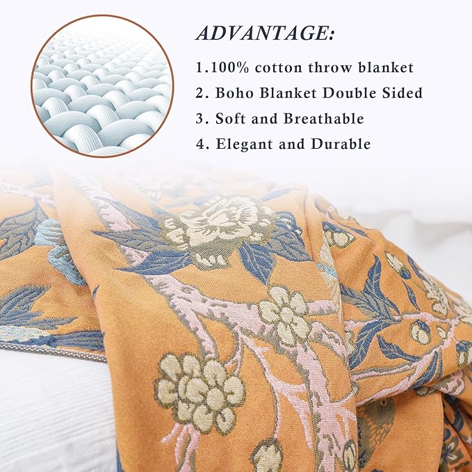 Snycler Boho Throw Blanket for Bed - 100% Cotton Ultra Soft Rustic Quilt Blanket Orange Bird Floral Printed Farmhouse Decor Bed Blankets, 60"×80" All Season Rustic Throw for Sofa Couch Chair