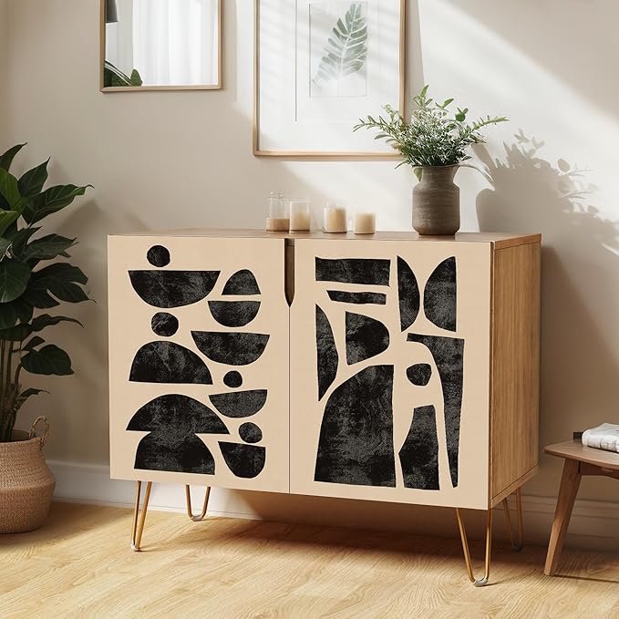 SIGNWIN Sideboard Buffet Cabinet, Kitchen Storage Cabinet with 2 Doors, Brown & Black Pastel Polygon, Cupboard Console Table for Dining Room - 35" L x 18" W x 29" H