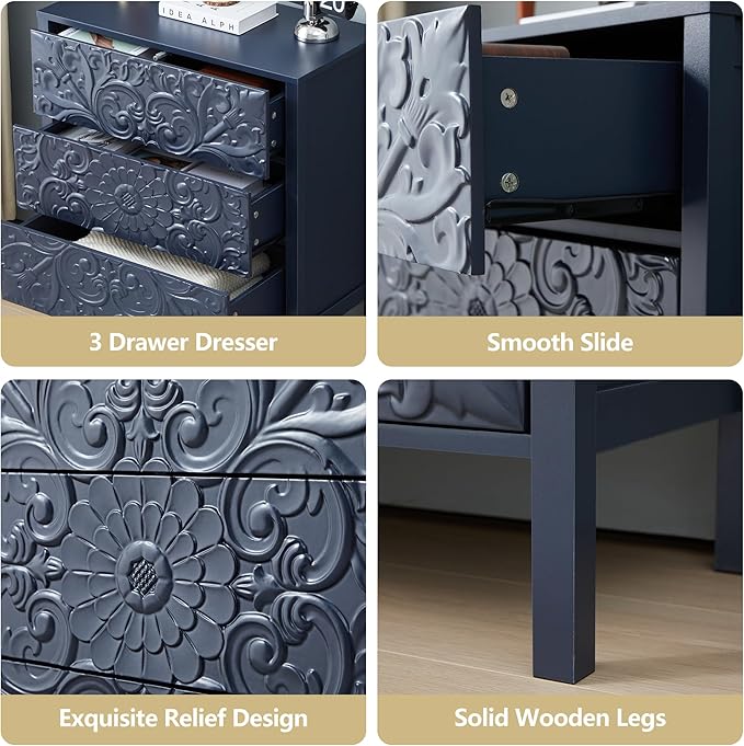 Carving 3 Drawer Dressers for Bedroom, Wide Chest of Drawers with Storage, Accent Luxury Nightstand Small Dresser for Hallway Living Room Entryway Office (1, Gray Blue)