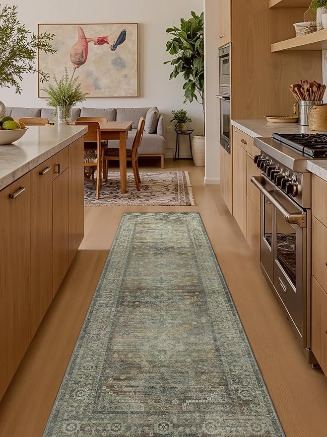Runner Rug for Hallway Kitchen, 2x8 Machine Washable Runners Rug for Entryway, Soft Modern Boho Throw Rugs, Low Pile Floor Cover with Non Slip Backing, Distressed Light Greyish Sage Green