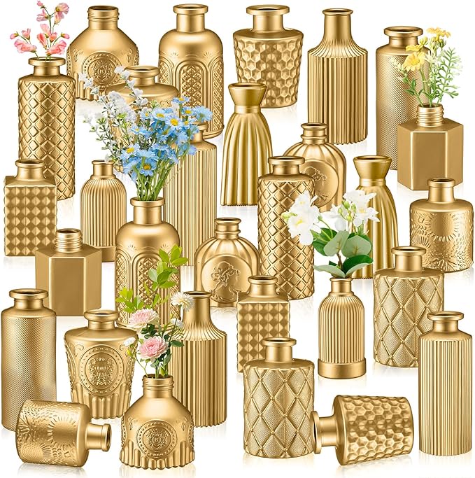 Yaomiao 30 Pcs Vases Bulk Colored Flower Glass Vases Bud Vintage Colored Glass Bottles Colorful Rustic Embossed for Home Wedding Table Decorations Gifts(Gold Series)
