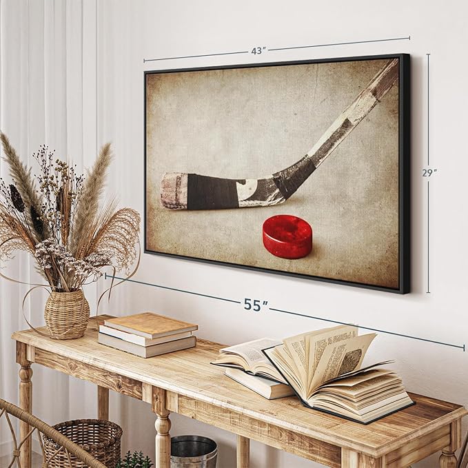 Elephant Stock Vintage Ice Hockey Wall Art - Horizontal Framed Canvas - 1-Piece Hallway Wall Decor - Photography Sports Canvas Print - Brown and Beige Decor for Wall - 43" X 29"