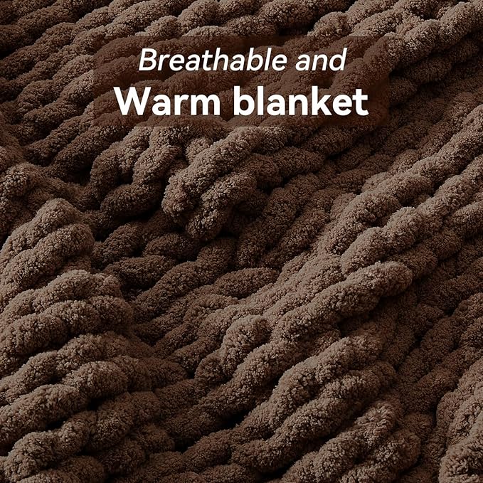 Chunky Knit Throw Blanket, 30''*40'' Knitted Throw Chenille Yarn for Bed Couch, Handmade Dark Brown Crochet Big Thick Blanket, Machine Washable Cute Comfy Blanket for Home Decor