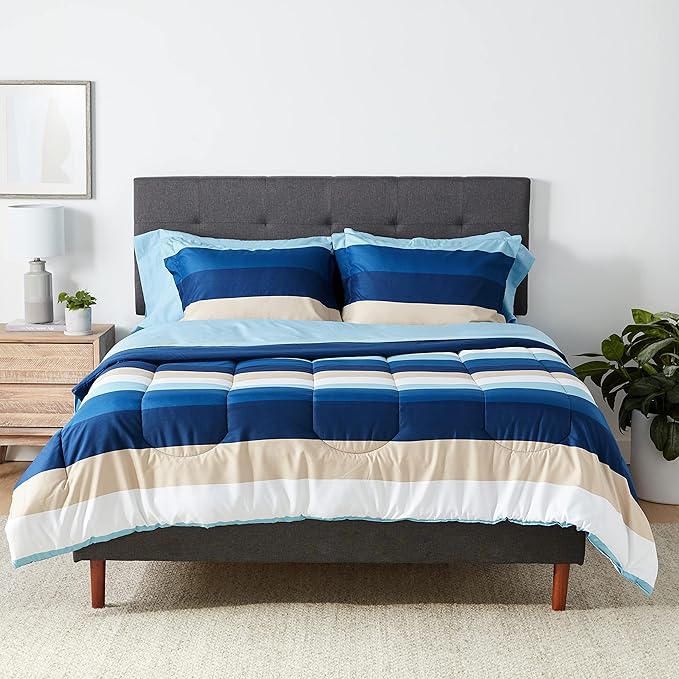Amazon Basics Full/Queen Comforter Set with Sheets, 7-Piece Blue Stripe Bedding, Lightweight Microfiber Bed-in-a-Bag, Striped