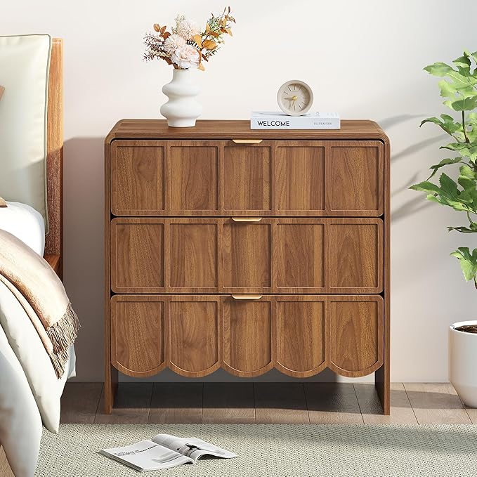 3 Drawer Dresser for Bedroom, Modern Closet Chest of Drawers with Wave Fluted Drawer, Wood Storage Small Dresser Organizer for Nursery Bedroom Living Room Hallway Closet (Walnut)