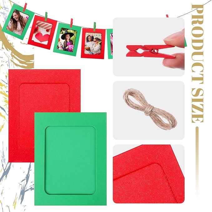 Janlaugh 100 Pcs Paper Photo Frames 4x6 Paper Frame with 100 Clip 10 String Kit DIY Hanging Cardboard Photo Holder Back to School Wall Decor Wedding Home(Red, Green)