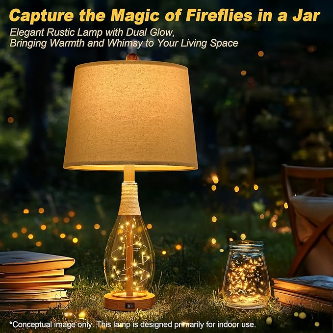 OYEARS 23" USB A+C Table Lamp Set of 2 Modern Bedside Lamps Retro Farmhouse Rattan Glass Nightstand Nightlight Lamps for Bedroom Living Room Dorm,Two Light Points