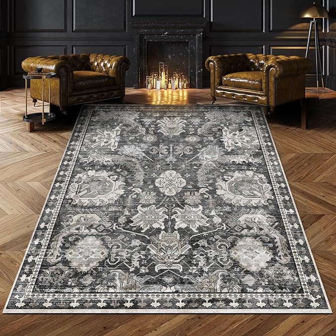 RUGSURE Washable Area Rugs - Perfect for Living Room, Bedroom, Kids Room, Nursery - Stain & Water Resistant Non-Slip, Pet & Child Friendly, Vintage Tribal Area Rugs (Grey, 9' x 12')