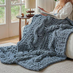 Esterra Chunky Knit Blanket Throw 50"x60", 100% Hand Knitted Chenille Throw Blanket, Cozy Soft Thick Cable Knit Throw Large Rope Knot Crochet Throw Blanket for Sofa Couch Bed, Blue Mirage