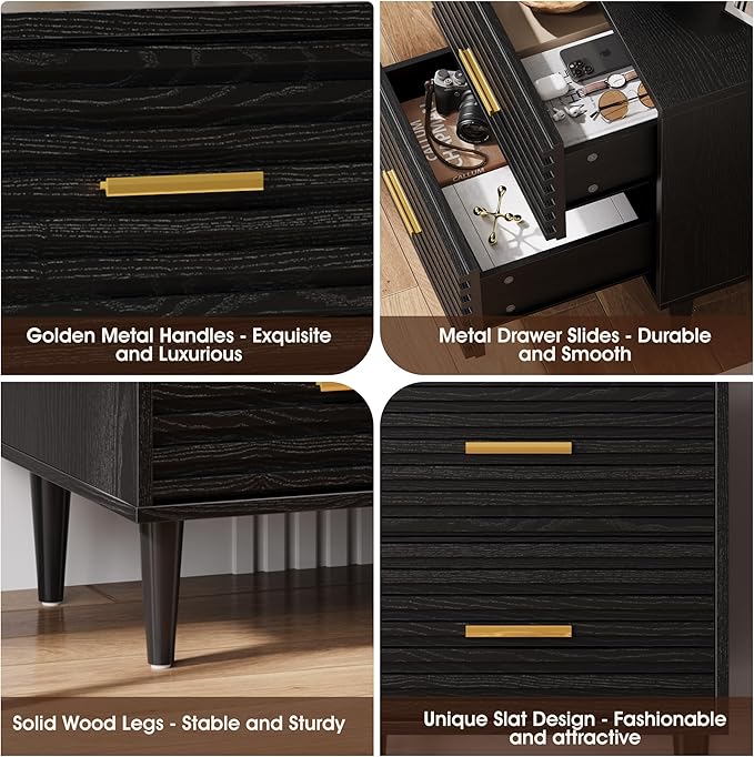 Alohappy Nightstands, Mid Century Modern Night Stands, Fluted Bedside Table for Bedroom, End Table with Storage Drawers, Vintage Bed Side Table Wood Accent Table for Living Room, Black 1pc