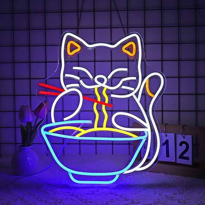 Neon Sign, Cat Ramen Neon Signs for Wall Decor Neon LED Signs Room Neon Light Up Signs Home Decor for Business Restaurant Bedroom Club Party Bars Shop Decoration USB Operated