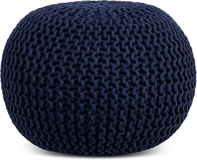 FRELISH DECOR Round Pouf Ottoman Hand Knitted 100% Cotton Pouf Foot Stool - Knitted Bean Bag - Floor Chair for Living Room Bedroom - Foot Rest for Couch (20 Diameter x 14 Height) - Navy
