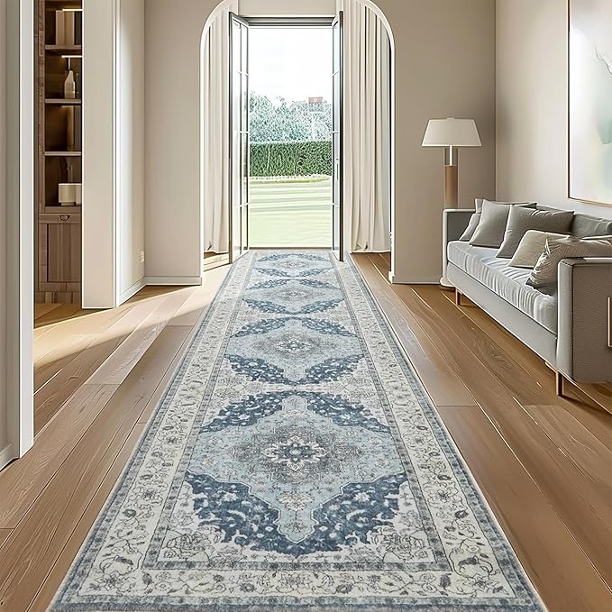 Topllen Runner Rug - 2'x10' Boho Washable Kitchen Rug, Non-Slip Soft Low Pile Rugs Indoor for Hallway Hall Living Room Bedroom Sunroom, Vintage Throw Stair Carpet Stain Resistance (Blue, 2x10ft)