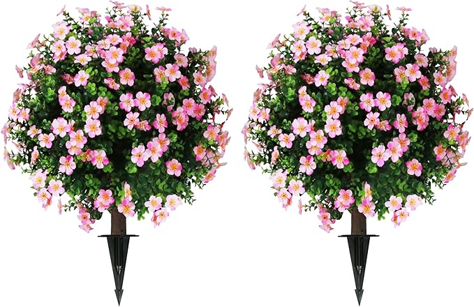 Sunnyglade Set of 2 Artificial Boxwood Topiary Ball Trees with Pink Flower, Faux Shrub Bushes with Ground Spike 25.5", UV Resistant Fake Boxwood Plants for Indoor, Garden, Porch, Patio Decor (Pink)