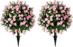 Sunnyglade Set of 2 Artificial Boxwood Topiary Ball Trees with Pink Flower, Faux Shrub Bushes with Ground Spike 25.5", UV Resistant Fake Boxwood Plants for Indoor, Garden, Porch, Patio Decor (Pink)