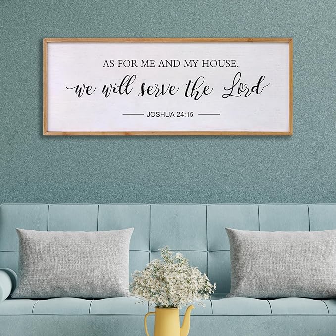 As for Me and My House We Will Serve the Lord Wall Decor - 40" x 15" Large Rustic Family Living Room Wood Framed Home Sign Joshua 24 15 Christian Bible Verse Plaque Hanging Wall Art(Wood)
