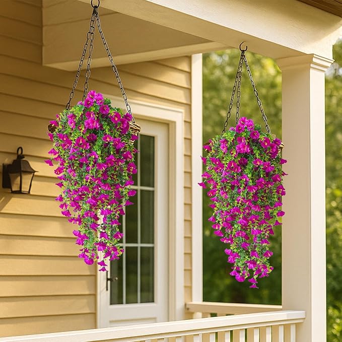 Artificial Hanging Flowers – 4 Pack UV Resistant Fake Morning Glory Vine Faux Plants for Porch, Patio, Balcony, Garden, Indoor & Outdoor Decor (Hot Pink)