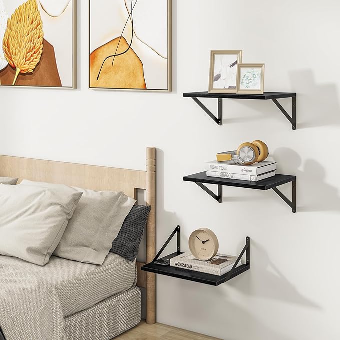 Heimlove Deep Floating Shelves for Wall, 12 Inch Deep Floating Shelves Set of 3, 16W x 12D Wood Wall Shelves, Wide Wood Shelves with Metal Bracket for Living Room, Kitchen, Office, Bedroom - Black