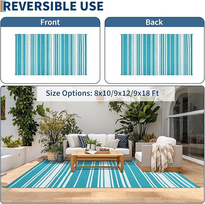 Outdoor Plastic Straw Rug 9x18 Waterproof Outside Rug, Large Modern Striped Reversible Floor Mats, Foldable & Lightweight Camping Carpet for Patio, Porch, Deck, Backyard, Balcony, Light Blue