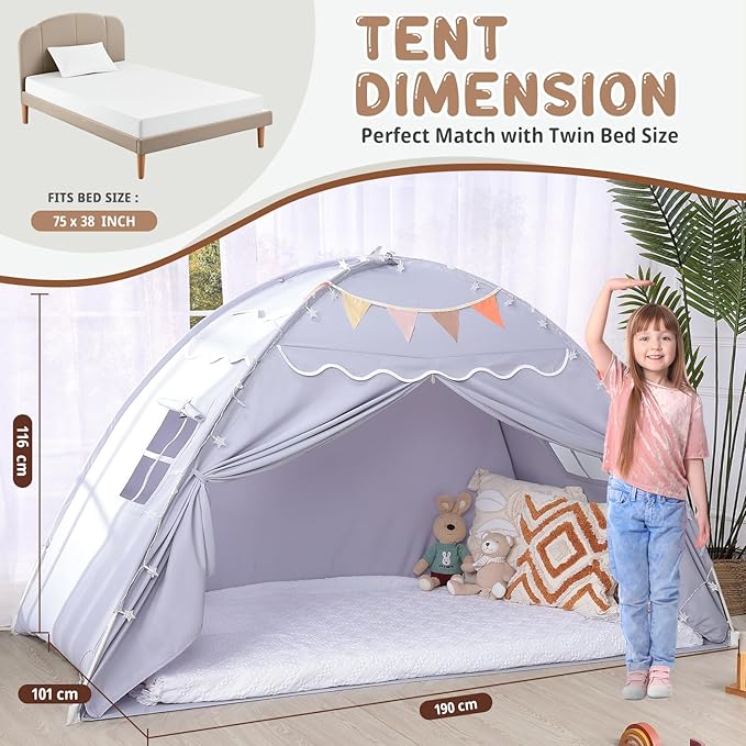 Sumbababy Toddler Bed Tent Canopy: Lights & Flags Indoor Floor Bed Kids Tent Playhouse - Portable & Foldable Twin Bunk Bed Curtains - Girls & Boys Bedroom Privacy Space Sleeping Tents Gifts (Gray)