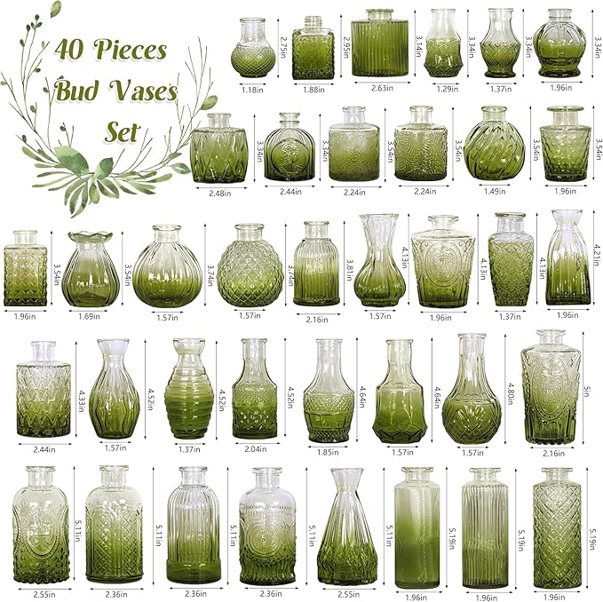 Set of 40 Glass Bud Vases, Small Green Glass Vases in Bulk, Mini Vintage Embossed Flower Vase for Wedding, Centerpieces, Birthday Party, Baby Shower, Home Table Decorations (Green)