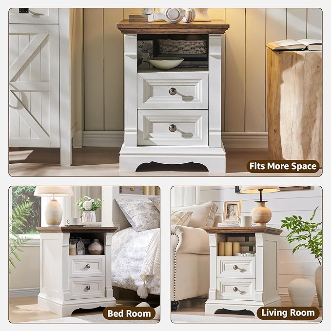 Farmhouse Nightstand Set of 2, 18" End Table with 2 Drawers Storage, Wood Side Table w/Roman Column, Bedside Cabinet for Bedroom, Living Room, Antique White