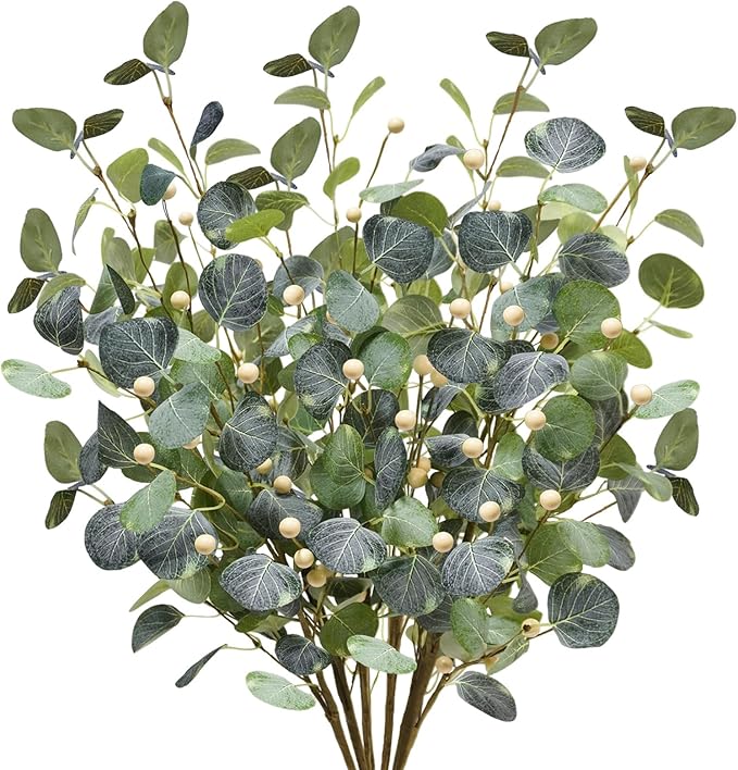 6 PCS 27.5" Artificial Eucalyptus Stems with Berries, Faux Eucalyptus Branches Fake Greenery Plants Stems for Vase Home Party Wedding Spring Decorations