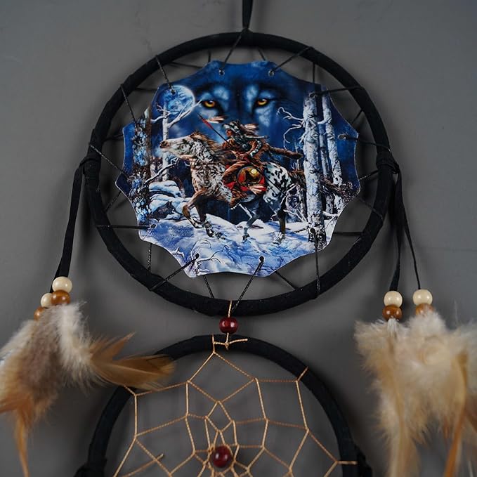 Triple Circles Wolf Eagle Bear Canvas Printing Dream Catcher Bedroom Wall Decor, Christmas Home Decoration,Widelife Wall Decoration Feather Decoration Remorlet (DC13 Wolf Scount)