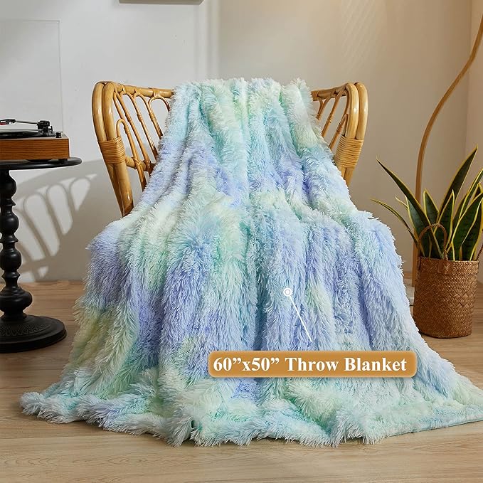 XeGe Plush Faux Fur Rainbow Throw Blanket, Tie Dye 50x60 Shaggy Furry Blanket Throw, Fluffy Microfiber Velvet Couch Blanket, Soft Colorful Fuzzy Lap Blanket for Girls Teens Women Kid Rainbow Blue
