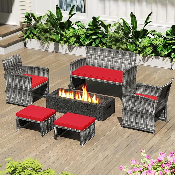 Tangkula 2 Pieces Patio PE Rattan Ottomans, Multipurpose Outdoor Footstool Footrest Additional Seating Side Table with Soft Zippered Cushions for Deck, Garden, and Yard (Red)