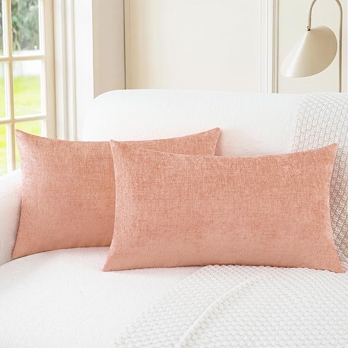 CaliTime Throw Pillow Covers Decorative 16 X 26 Inches Pack of 2 Cozy Chenille Cushion Cases for Couch Sofa Bed Living Room Home Dusty Pink