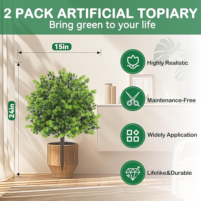 Artificial Boxwood Topiary Ball Trees with Ground Spikes UV Resistant Faux Greenery Shrubs Fake Shrubs for Outdoors, Realistic Faux Plants Bushes for Garden Porch Yard Patio Decor (Green Pine)