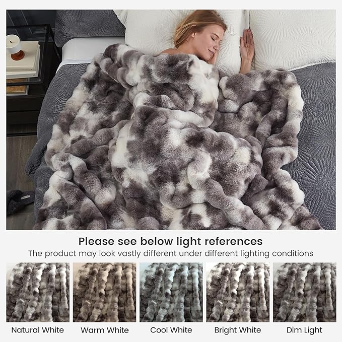 Cozy Bliss Faux Fur Throw Blanket for Couch, Fuzzy Soft Plush Thick Bubble Blanket for Sofa Bedroom Living Room, 108 * 90 Inches Tie Dye Taupe