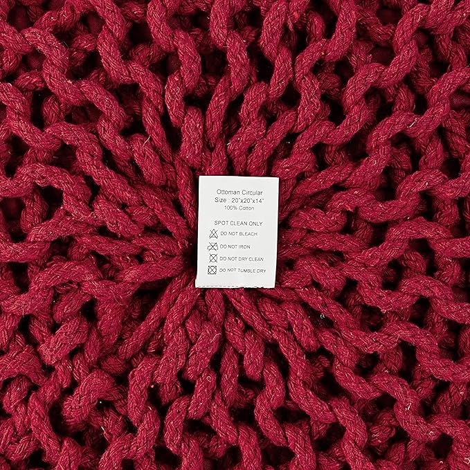 REDEARTH Round Pouf Ottoman - Hand Knitted Cable Boho Poof - Foot Stool Bean Bag - Home Décor Stuffed Footrest for Living Room - Nursery - Bedroom - 100% Cotton Poufs (19.5"x19.5"x14") - Red