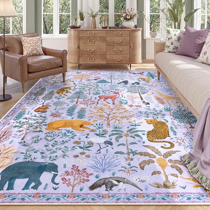 OJIA Animal Washable Area Rug 8x10, Boho Rugs for Living Room Playroom 8 x 10 Kids Bedroom Rugs, Non-Slip Ultra-Thin Indoor Large Floor Carpet for Dining Room Nursery Farmhouse