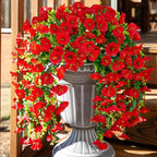 Ivydale 2 PCS Artificial Hanging Flowers Fake Plants Outdoor,Silk Morning Glory Faux Flowers with Eucalyptus Leaves,UV Resistant Realistic Hanging Petunias Plants for Home Garden Decor (Red)