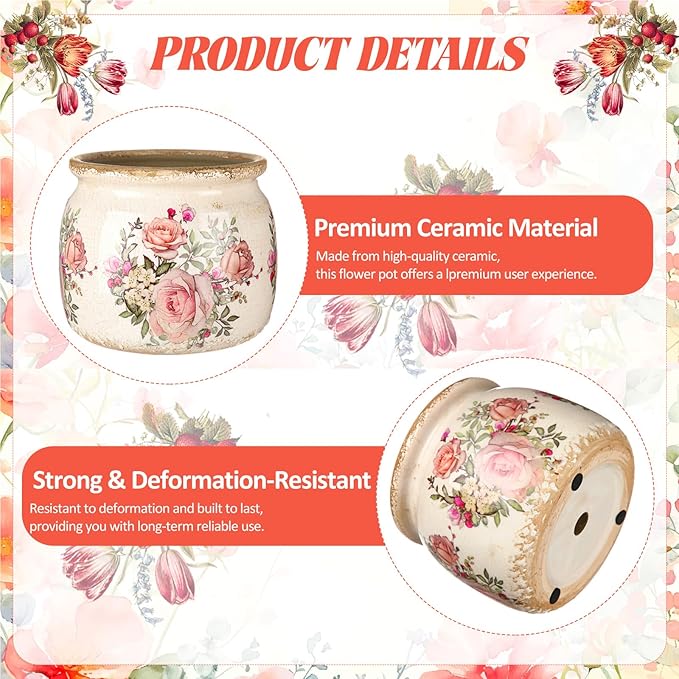 Vintage Planter Large Ceramic Plants Pot Beige Pink European Rose Ice Crack Cottage Scroll Vase Flower Vase Pot Indoor Plants Home Kitchen Decor Farmhouse Antique Decorative Gifts