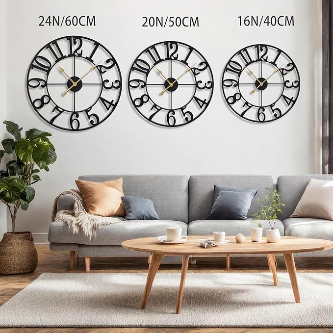 LEIKE Large Wall Clocks,Silent,Non Ticking,Battery Operated Big Retro Round Modern Metal Wall Clock for Living Room, Bedroom,Dinning Room,Farmhouse,Office,Home Decor-20 Inch(Black-Arabic Number)